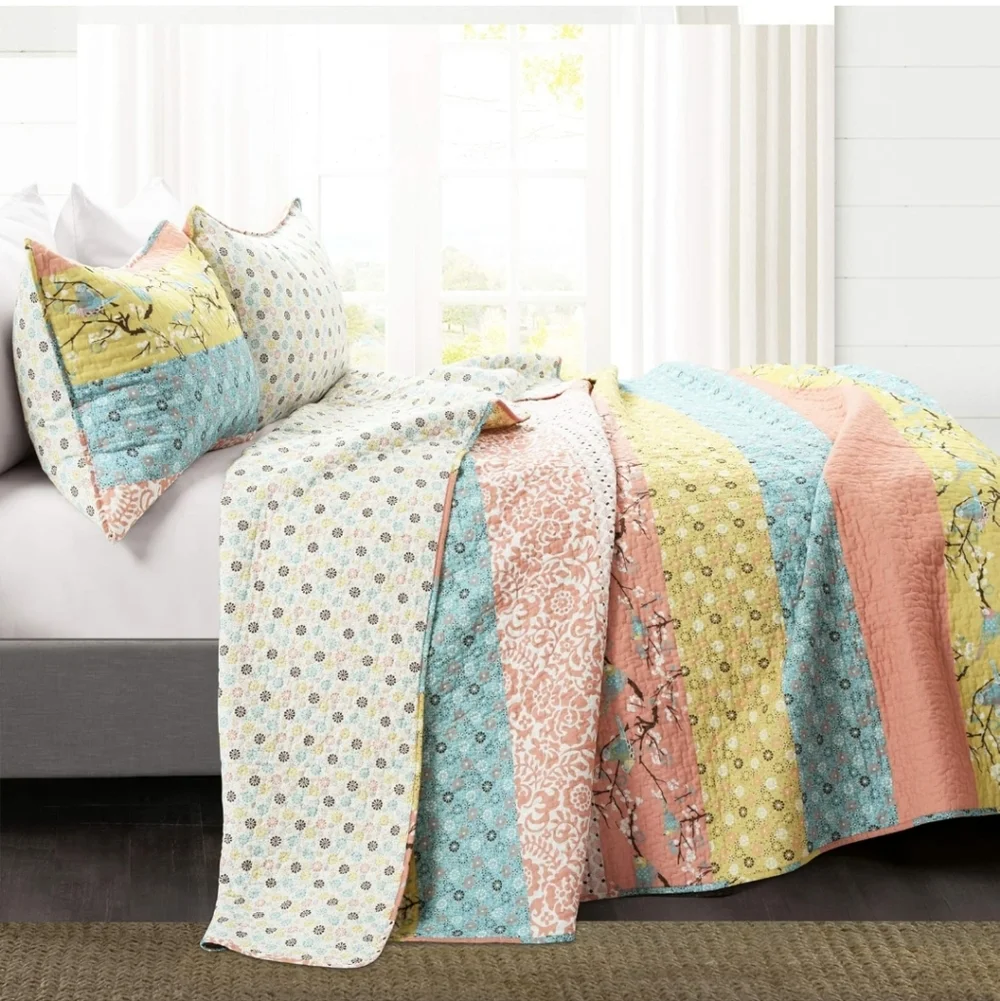 Royal Empire Reversible Cotton Quilt Set - 3 Piece Striped Bedding Colorful Boho